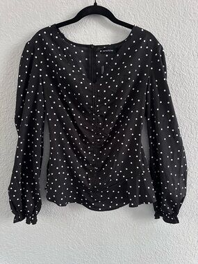 PrettyLittleThing Black Polka Dot Ruched Blouse Peplum Long Sleeve Size 6 NWT